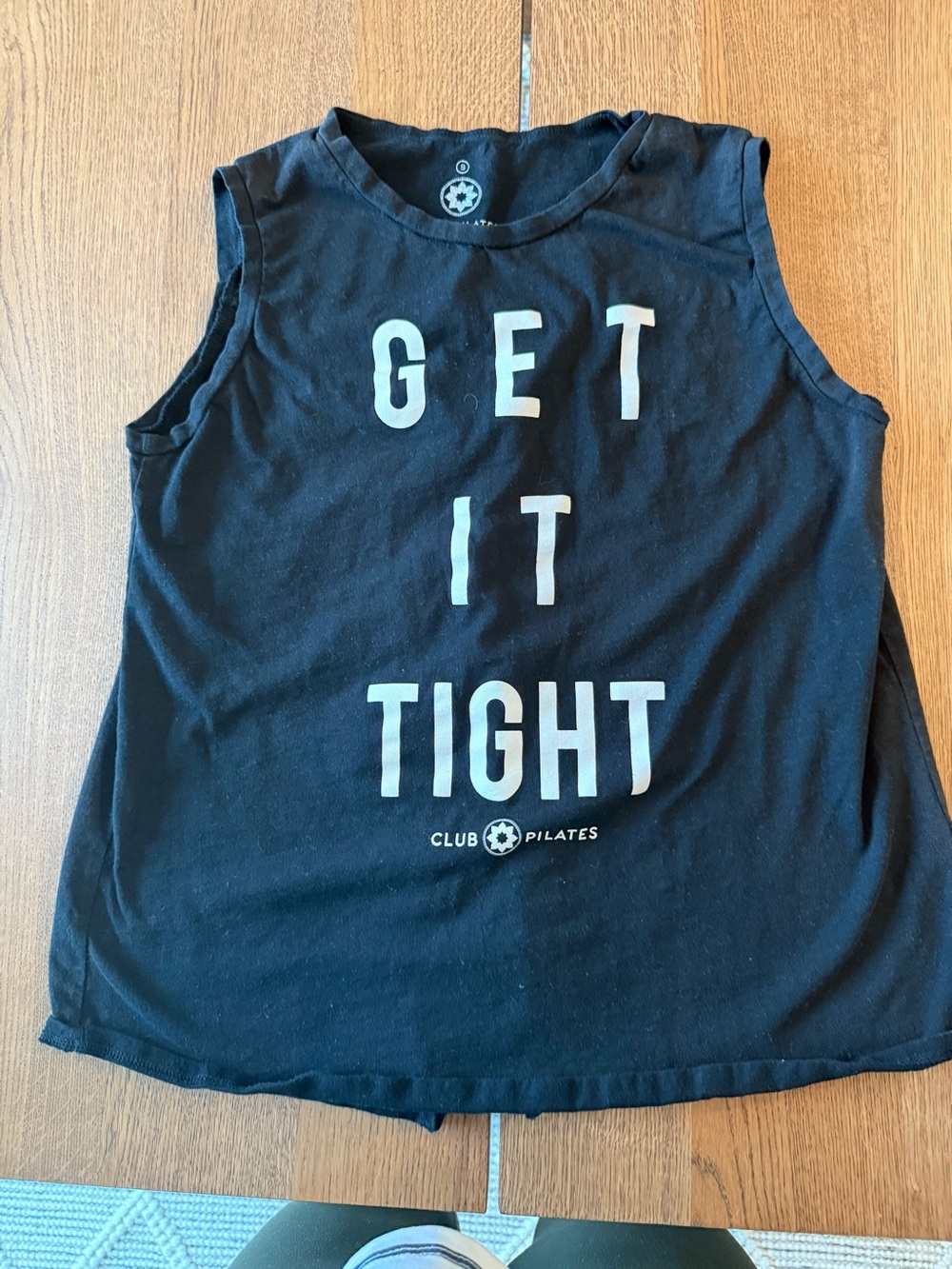 Club Pilates Women's Open Back Black Graphic Tank Top - "Get It Tight"